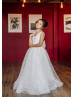 V Neck Ivory Tulle Pearls Floor Length Flower Girl Dress